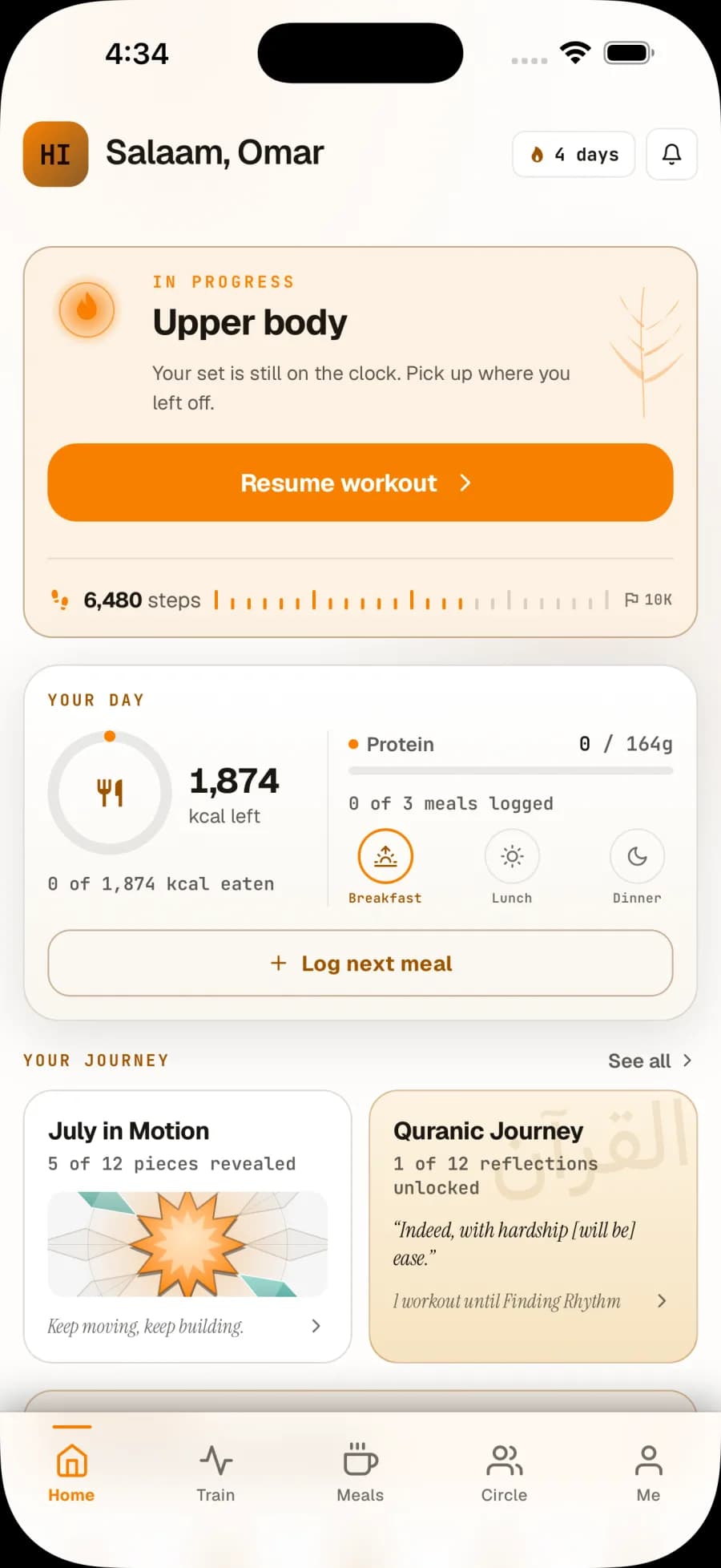 Rizanah home screen connecting workouts, meals, and Quranic milestones