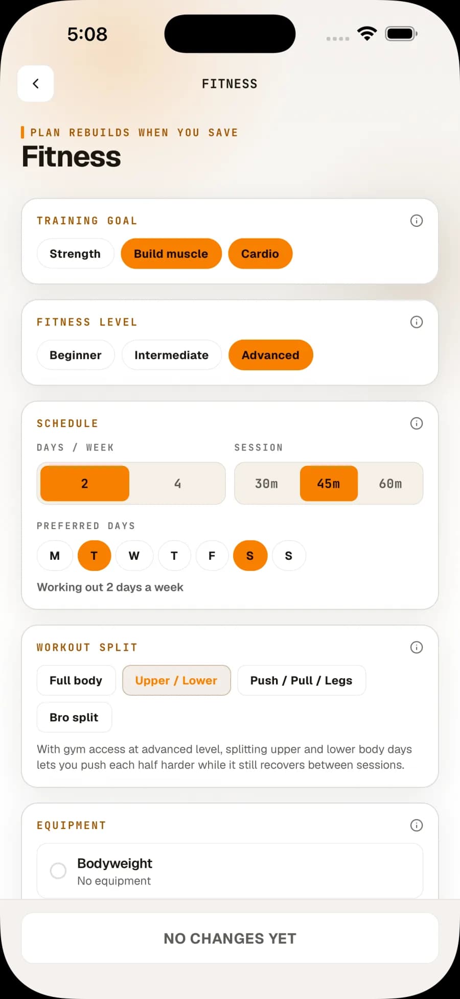 Rizanah workout plan preferences for goals, experience, schedule, and equipment