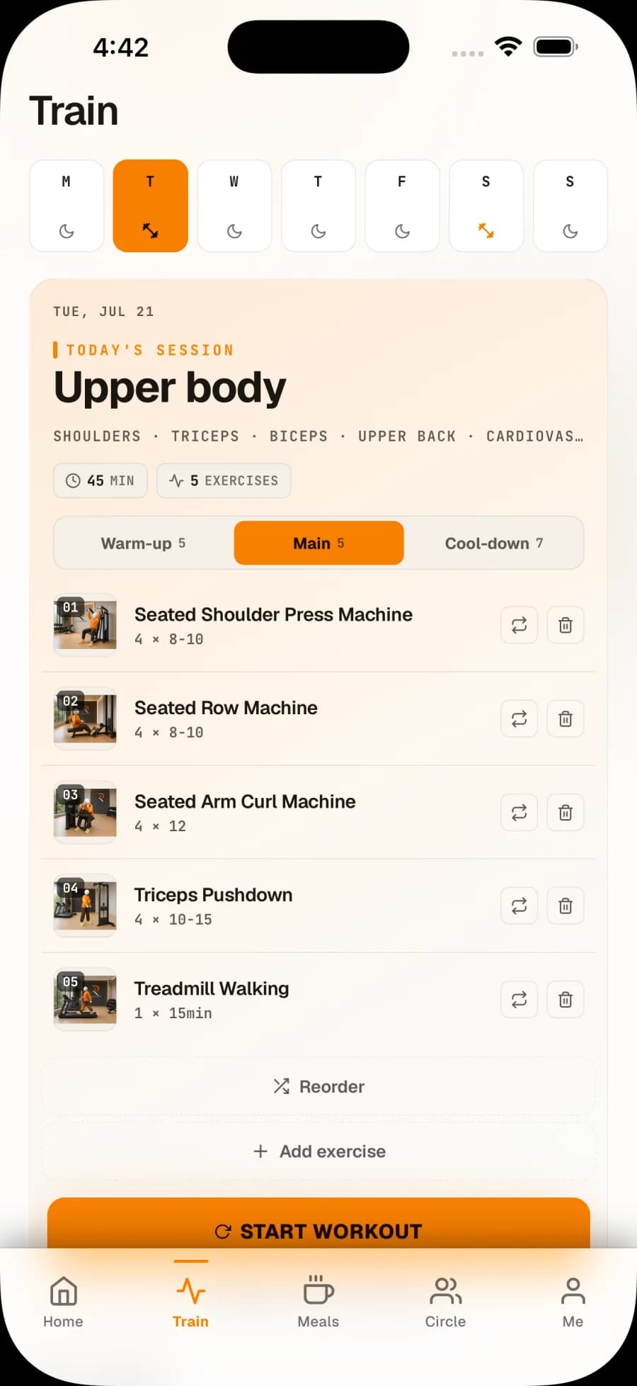 A guided upper body workout inside the Rizanah mobile app